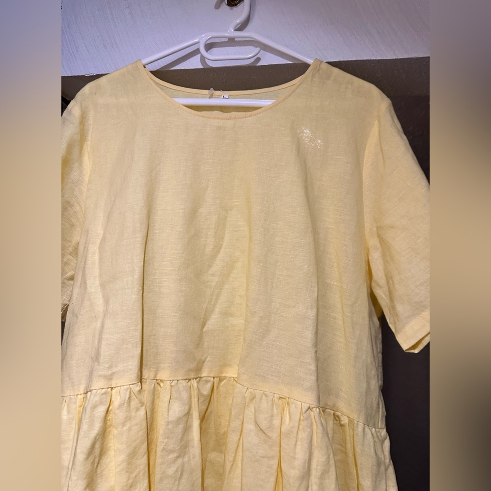 Vintage Handmade Linen Cotton Blend Midi Dress butter Yellow Cottagecore Size L - Picture 13 of 14